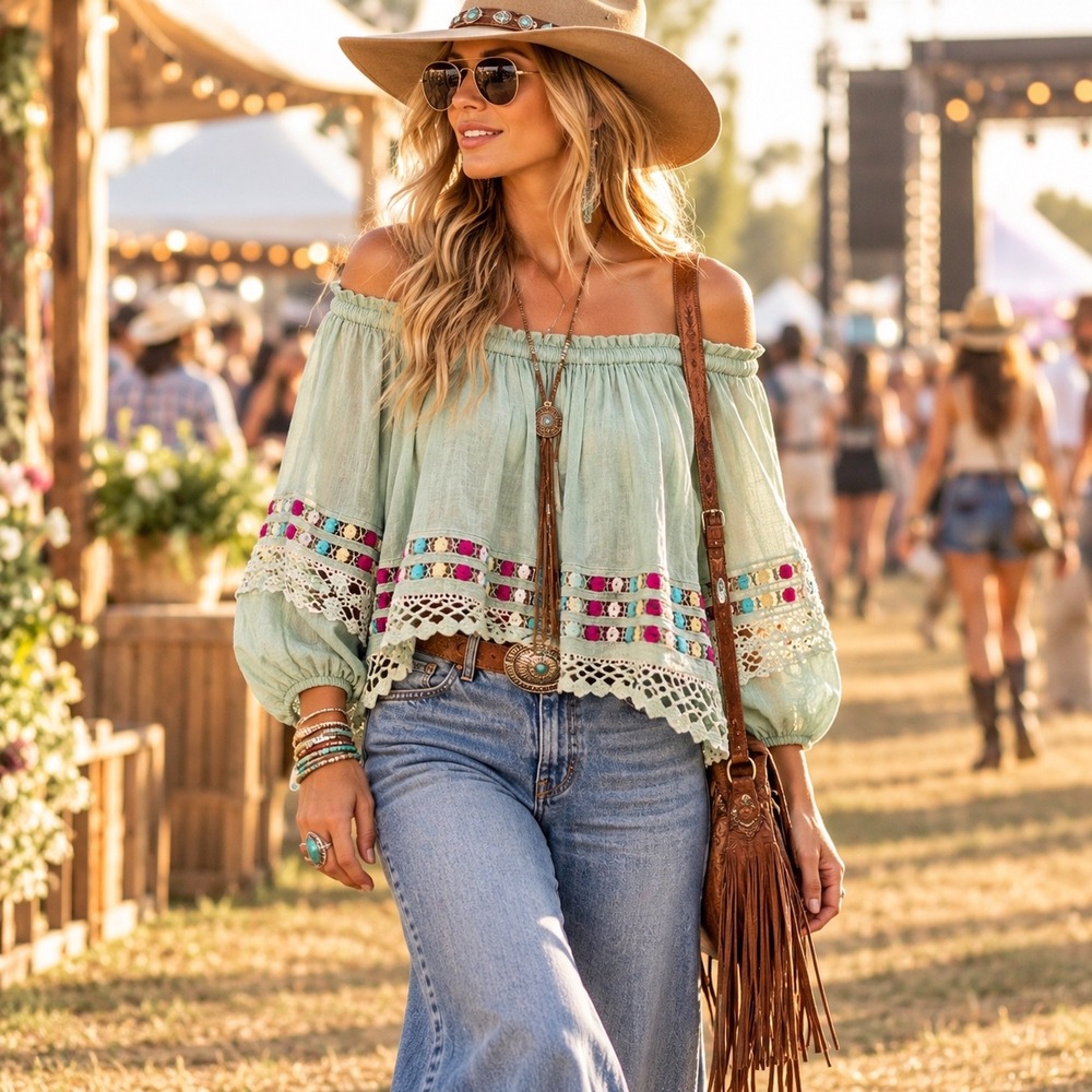 Free People Wander The Wild Mint Embroidered Crochet Off Shoulder Boho Top S
